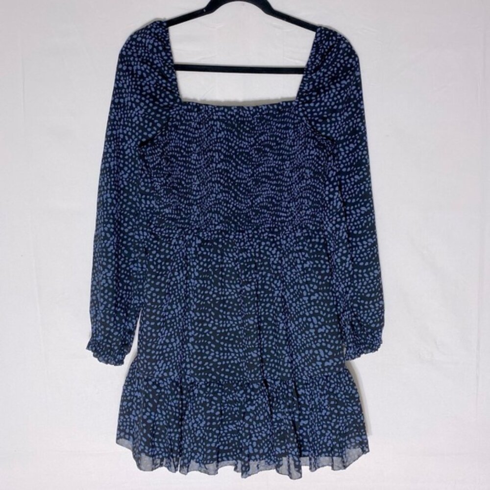 RetroD Navy Blue Long Sleeve Square Neck Floral Dot Print Smocked Mini Dress S